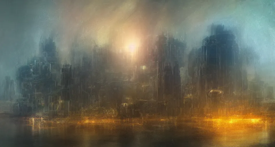 Prompt: Mech robot city. By Joseph Mallord William Turner, fractal flame, highly detailded