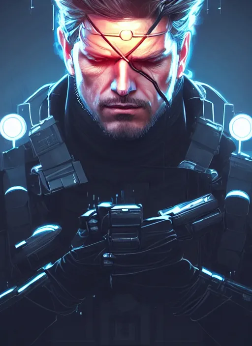 Image similar to symmetry!! portrait of solid snake, metal gear solid, tech wear, glowing lights!! intricate, elegant, highly detailed, digital painting, artstation, concept art, smooth, sharp focus, illustration, art by artgerm and greg rutkowski and alphonse mucha