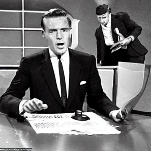 Image similar to 1 9 6 0's news show, a man in a vintage suit sitting behind a silver desk while being attacked by a giant man - eating tiger