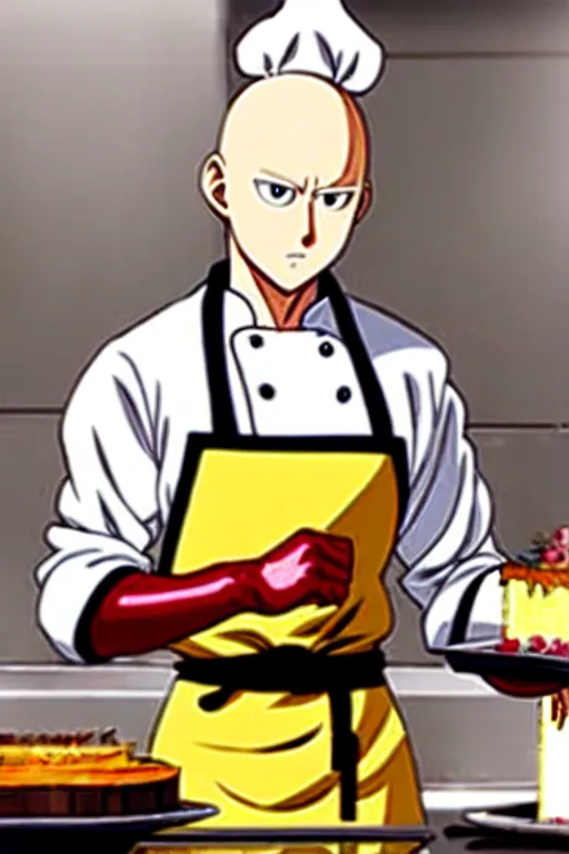 Image similar to chef saitama one punch man, dressed as a pastry chef, focused at making a cake, beautiful anime artwork