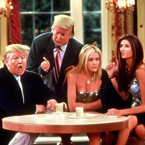 Prompt: donald trump has a guest role in friends, movie still, nineties, comedy, laughing