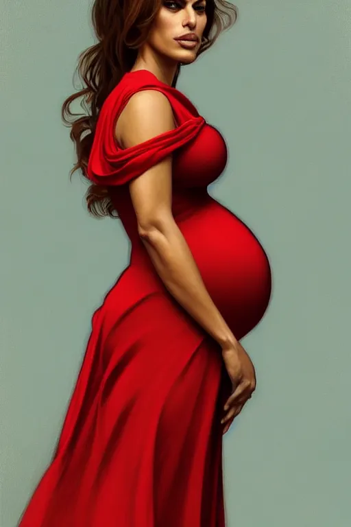 Image similar to pregnant eva mendes in a red dress, realistic portrait, symmetrical, highly detailed, digital painting, artstation, concept art, smooth, sharp focus, illustration, cinematic lighting, art by artgerm and greg rutkowski and alphonse mucha