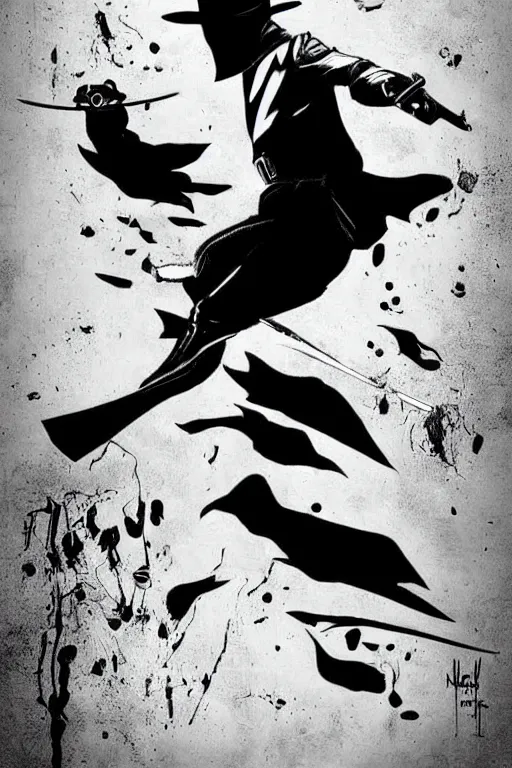 Image similar to black and white illustration of El Zorro, neo noir style, Frank Miller creative design, Josep Tapiró Baró