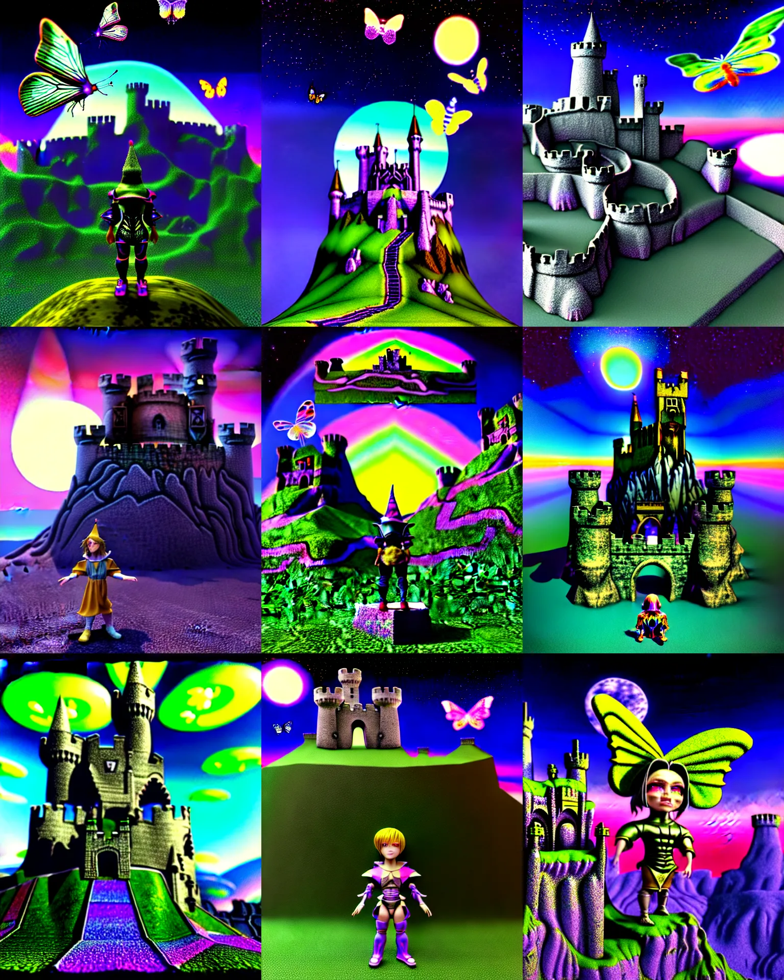 Prompt: 3 d render of chibi medieval wizard cyborg standing in raytraced mountain landscape with castle ruins against a psychedelic surreal background with 3 d butterflies and 3 d flowers n the style of 1 9 9 0's cg graphics against the cloudy night sky, lsd dream emulator psx, 3 d rendered y 2 k aesthetic by ichiro tanida, 3 do magazine, wide shot