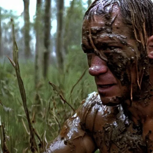 Image similar to film still of john cena as major dutch, covered in mud and hiding from the predator predator predator in swamp scene in 1 9 8 7 movie predator, hd, 4 k