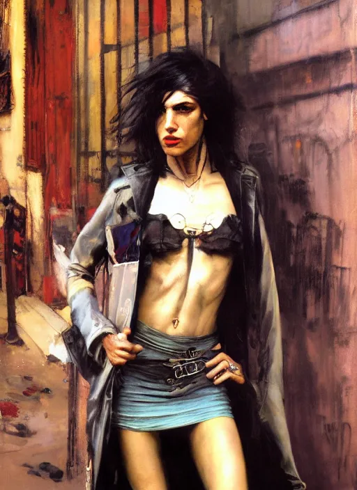 Image similar to androgynous glam rocker outside cbgb in the style of phil hale, sfumato Orientalist portrait by john william waterhouse and James Gurney and Theodore Ralli and Nasreddine Dinet, Syd Mead, Phil Hale, oil on canvas. Cinematic, hyper realism, realistic proportions, dramatic lighting, high detail 4k