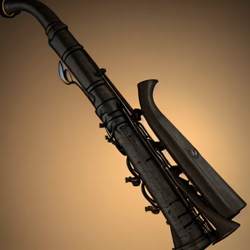 Prompt: trumpet gun, a trumpet with a trigger, magazine, and stock, high quality, unreal engine 5 render, high quality render, octane render, photo realistic, ultra detail, cinematic lighting, realistic