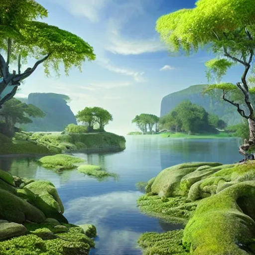 Image similar to a painting of a landscape with trees and a body of water, a detailed matte painting by Stanley Twardowicz, featured on polycount, ecological art, rendered in unreal engine, matte painting, unreal engine 5