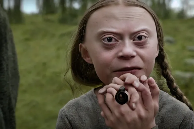 Image similar to greta thunberg as gollum, holding the ring, still shot from the new lord of the rings movie