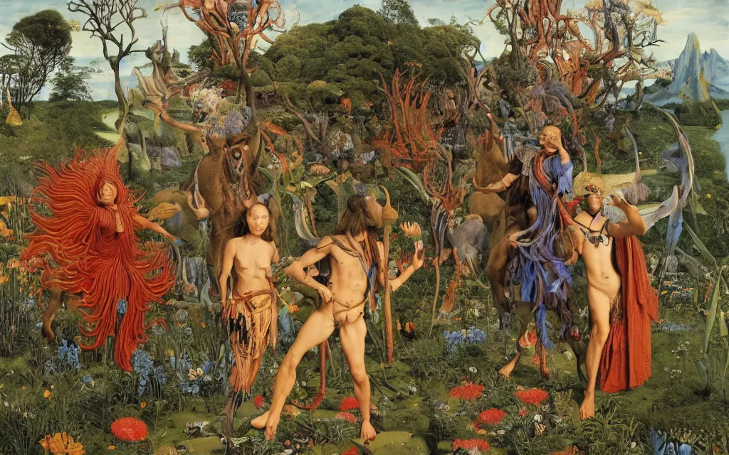 Prompt: a portrait photograph of a meditating shaman and a centaur monk riding a harpy and hunting at a river delta. surrounded by bulbous flowers and trees. mountain range under a blue sky of fiery stars. by jan van eyck, max ernst, ernst haeckel, ernst fuchs and artgerm, cgsociety, fashion editorial, 8 k