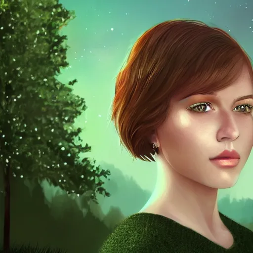 Image similar to an hd portrait photo of a cute young woman with short brown hair and green eyes, beautiful trees in the background, night sky with stars and galaxies, trending on artstation