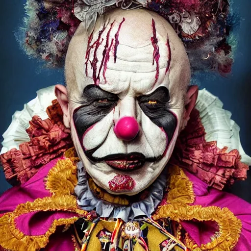 Prompt: UHD hyperrealistic impressive photo of Klaus Schwab, dressed as zombie emperor, wearing bizarre clown makeup, correct face, accurate face, intricate clown makeup, ornate attire, regal clown face, by Ayami Kojima, Amano, Karol Bak, Greg Hildebrandt, and Mark Brooks, by Antonio Caparo and Ferdinand Knab and Greg Rutkowski UHD photorealistic trending on artstation