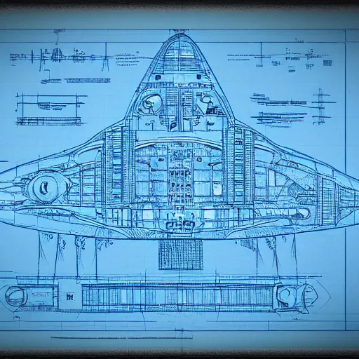 Prompt: an intricately detailed blueprint of a large spaceship