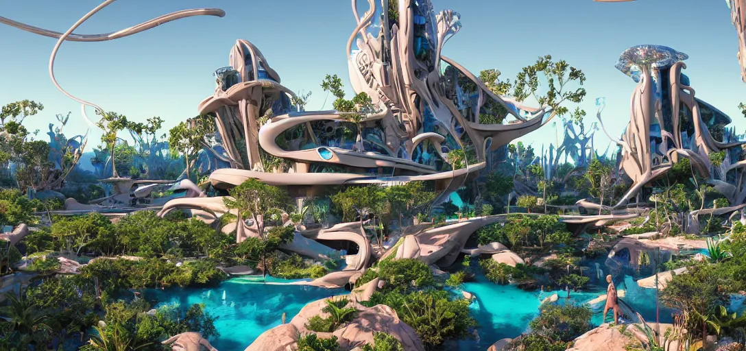 Prompt: a painting of highly detailed futuristic architecture by Frank Lloyd Wright and Antoni Gaudí, reflective lighting, holographic, stylized vegetation, ground-level view, puddles of turquoise water, stunning sunny lighting, sunrise, vivid colors, in the style of pixar animation, trending on Artstation, 8k, matte painting, ray tracing, hyper detailed, unreal engine 5, cinematic, epic lighting, cryengine, octane render, cyberpunk, red and orange glow, vibrant