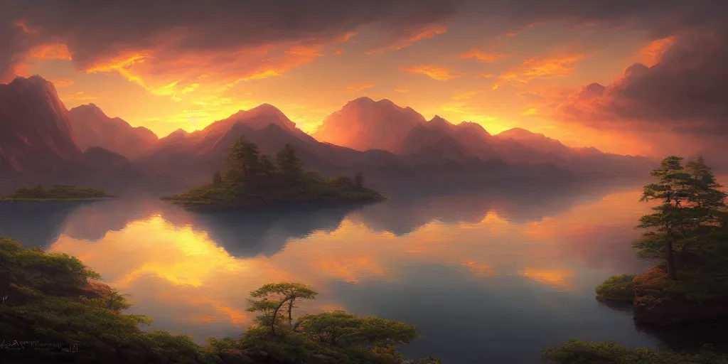 Image similar to a painting of a sunset over a lake, a detailed matte painting by andreas rocha, featured on deviantart, fantasy art, matte painting, terragen, detailed painting