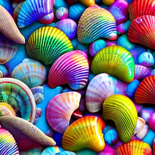 Prompt: seashells with rainbow patterns, photo, real, detailed, 4k