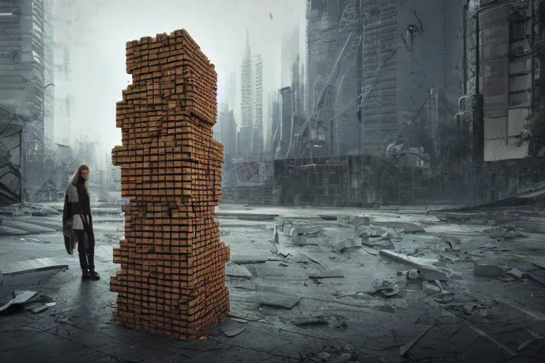 Image similar to A dystopian future in a city made of life-size Jenga blocks, evil, demonic, angelic, environment concept, Rendered in Octane, trending on artstation, cgsociety, moody lighting rendered by octane engine, environment 8K artstation, cinematic lighting, intricate details, 4k detail post processing, hyperealistic, octane render, photo realism