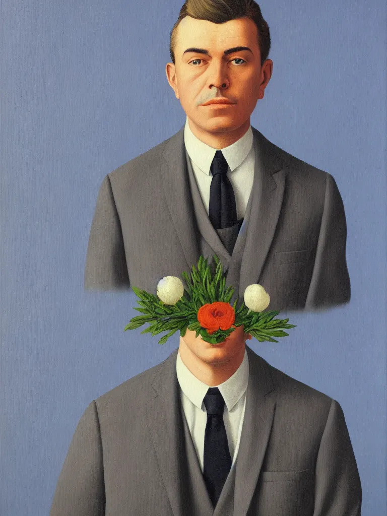 Image similar to portrait of man in a suit that has flowers instead of head by rene magritte, detailed painting, hd, hq, high resolution, high detail, 4 k, 8 k