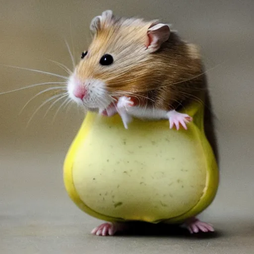 Prompt: a photo of a hamster riding a banana