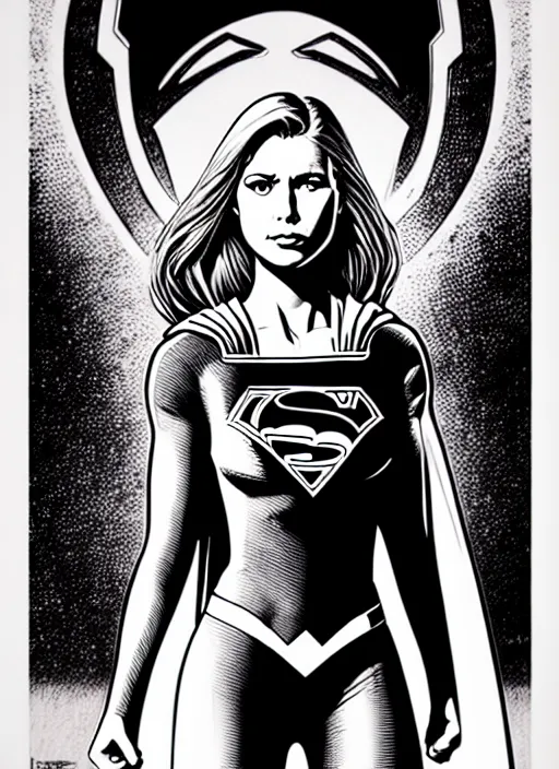 Prompt: supergirl, extremely detailed, bold line art, by vincent di fate and joe fenton and artgerm, inking, etching, screen print, masterpiece, trending on artstation, sharp, high contrast, hyper realistic, hd, 4 k, 8 k