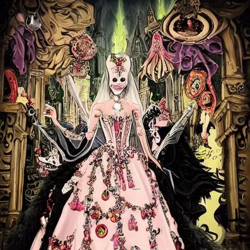 Image similar to the satanic bride looking very sophisticated and hypermaximalist at her baroque wedding reception banquets as she feasts among the many archdemons