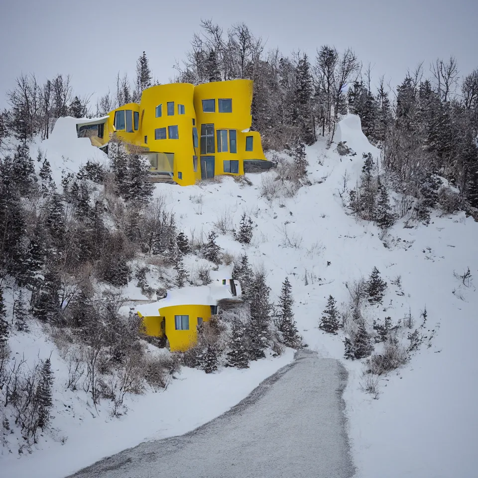 Prompt: a road leading to a mid-century modern house on top of a cliff in the arctic, covered with snow, designed by Frank Gehry, with a long pathway toward it. Big tiles. Film grain, cinematic, yellow hue