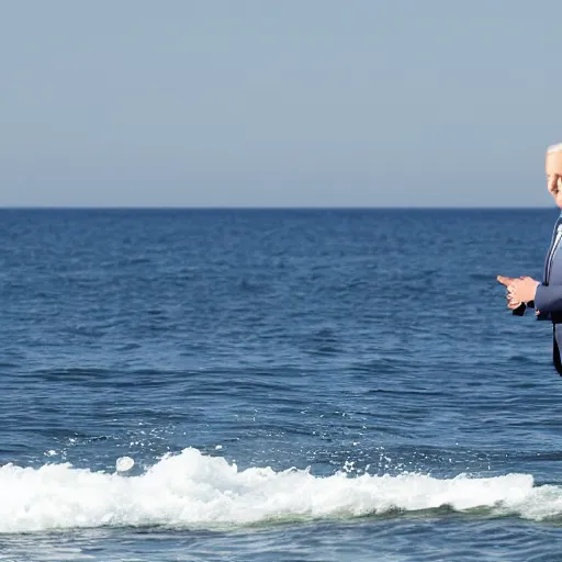 Image similar to a far away shot of Joe Biden in the ocean