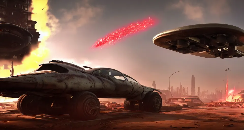 Image similar to macro closeup photo of combat tesla hover jumpjet tank being chased in a post apocalyptic fallout 4 overgrown city, 3 pm, smoke, dust, embers, mad max, action, speed, rocket league, volumetric lighting, hdr, need for speed, gta 5, ridley scott, syd mead, craig mullins, cinematic, blade runner, octane