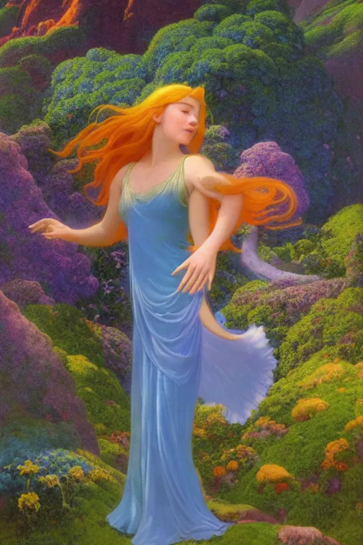 Image similar to a beautiful fairy wearing a silk gown, in a lord of the rings scenery landscape, rainbowshift, by maxfield parrish, artgerm