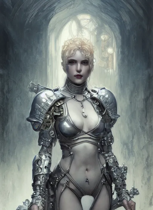 Prompt: portrait of beautiful pale gothic maiden in armor bikini, warhammer 40000, cyberpunk, intricate, elegant, highly detailed, digital painting, artstation, concept art, smooth, sharp focus, illustration, art by artgerm and greg rutkowski and alphonse mucha and Gustav Klimt
