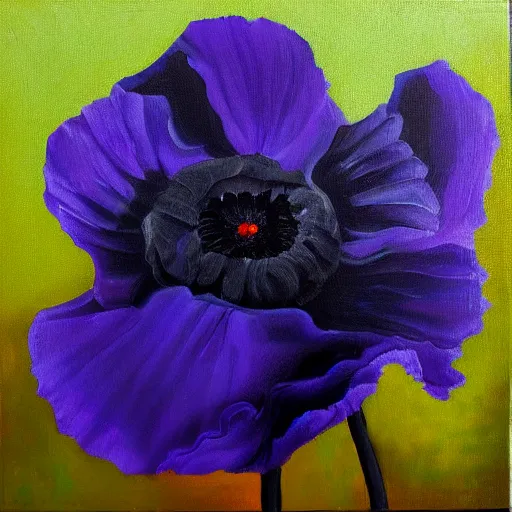 Prompt: black blue and purple papaver flower, oil painting