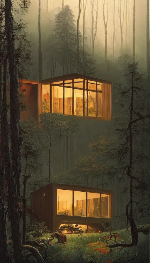 Image similar to cozy ultra modern home in the woods moody lighting, highly detailed, painting by zdzisław beksinski and norman rockwell and greg rutkowskiweta studio, and lucasfilm