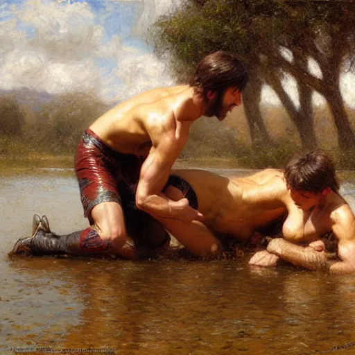 Image similar to young shepherds wrestling by a river, playful, male, muscular, detailed face, gorgeous, amazing, muscular, intricate, highly detailed, painting by Gaston Bussiere, Craig Mullins