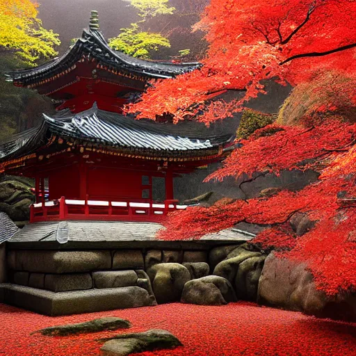 Image similar to cozy tang dynasty shrine in a maple forest during autum, red leaves, senpou temple from sekiro, award winning fantasy concept art, high octane render, 8k resolution, high definition