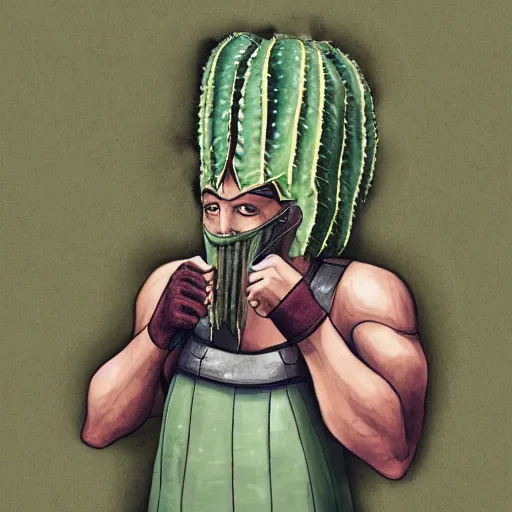 Prompt: spartan drinking tea with trichocereus background and smoke haze