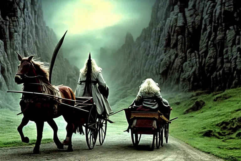 Image similar to gandalf riding into the shire on a horse drawn cart, style of h. r. giger, cinematic, movie still, cgi, directed by ridley scott