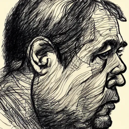 Prompt: a realistic yet scraggly portrait sketch of the side profile of a stern and sophisticated george costanza, trending on artstation, intricate details, in the style of frank auerbach, in the style of sergio aragones, in the style of martin ansin, in the style of david aja, in the style of mattias adolfsson