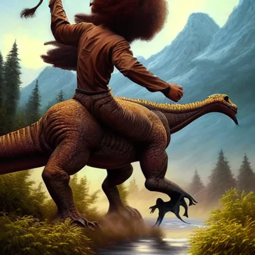 Image similar to bob ross!!! riding!!! a dinosaur!!, giant afro!, model pose, ultra realistic, concept art, intricate details, highly detailed, photorealistic, octane render, 8 k, unreal engine. art by artgerm and greg rutkowski and alphonse mucha