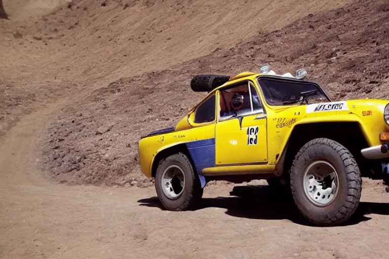 Prompt: 1 9 7 4 alpine a 1 1 0 fj 4 0, dakar rally footage, speed, bladerunner