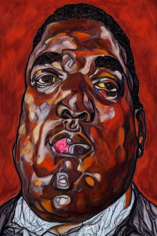 Image similar to a portrait of biggie small in style of egon schiele, masterpiece, hyperdetailed, complex, intricate, 4 k, trending on artstation