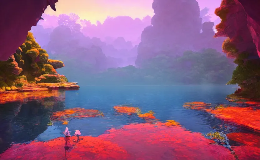 Image similar to a cave lake with some big orange fish inside, studio ghibli, pixar style, octane render, unreal engine 5, path traced, highly detailed, high quality, 8 k, soft lighting, godrays, complementary colors, natural lighting, water parallax, serene landscape, beautiful, elegant, digital painting