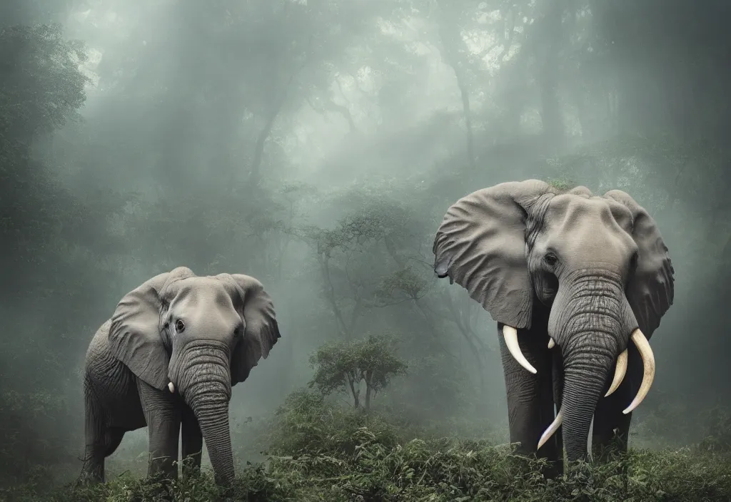 Image similar to an elephant king, his trunk is a tentacle from an octopus, in a jungle with ominous light from above, ambient light, fog, river