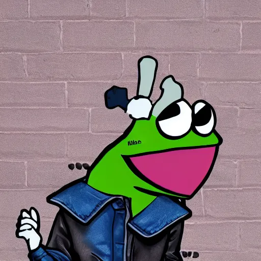 Image similar to pepe the frog head from 4chan on the body of a cartoon dog wearing a leather jacket and jeans