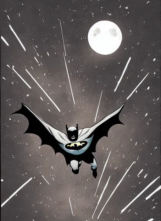 Image similar to batman jumping from a roof at night, moon visible, frank miller