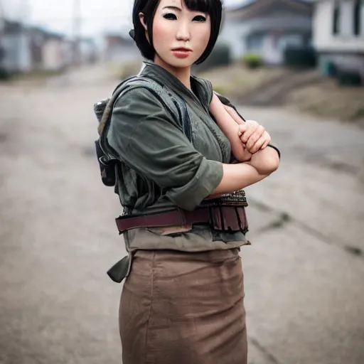 Image similar to Beautiful Asian girl cosplaying as the Fallout 4 sole survivor, photographed on a slight overcast day on dilapitated street on Ikeshima island, Nikon D7100 with a Nikon 50mm F1.8, a Nikon 85mm F1.8, Golden hour, expressive face,