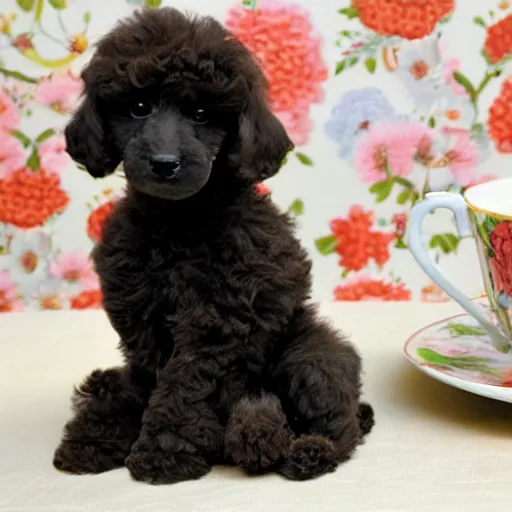 Image similar to very realistic cute poodle puppy sitting inside a tea cup