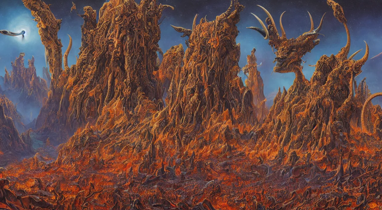 Prompt: a beautiful detailed portrait of satan with long horns and fiery vortex eyes in the foreground, in a vast cosmic hellscape by roger dean, by laurie lipton, detailed, realistic shadows, volumetric lighting, mythical, rendered in redshift, matte painting