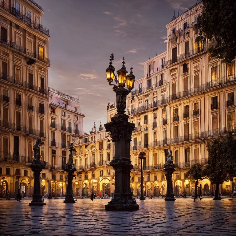 Image similar to old square in madrid, dreamlike atmosphere, symmetrical baroque painting, perfect composition, beautiful and detailed intricate high detailed octane that is trending on artstation, 8 k fine art photography, photorealistic, soft natural volumetric cinematic perfect light, chiaroscuro, award - winning photography, masterpiece, raphael, caravaggio, greg rutkowski, beeple