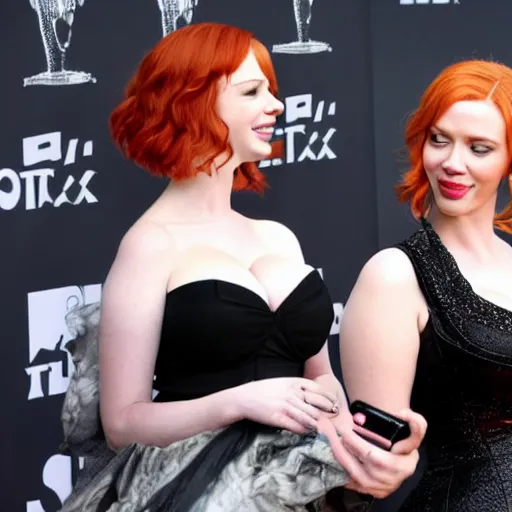 Prompt: christina hendricks taking selfie with scarlet johansson,