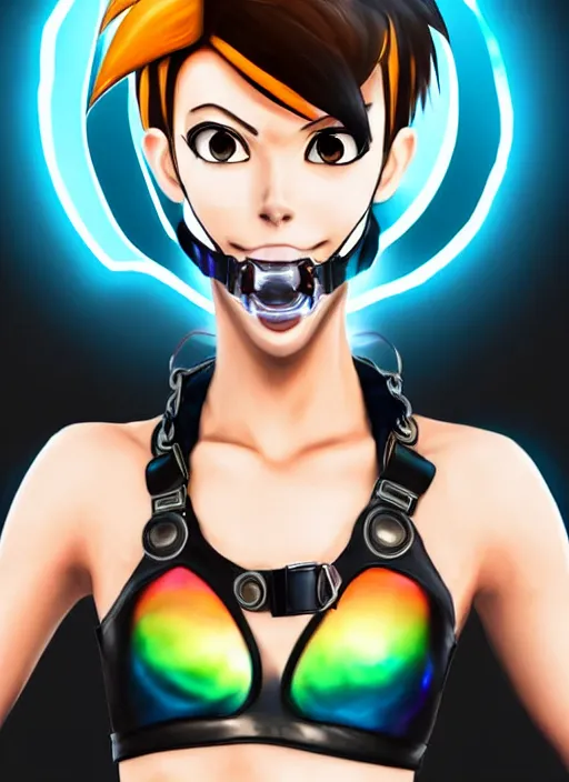 Image similar to full body digital artwork of tracer overwatch, wearing black iridescent rainbow latex tank top, 4 k, expressive happy smug expression, makeup, in style of mark arian, wearing detailed black leather collar, wearing chains, black leather harness, leather cuffs around wrists, detailed face and eyes,